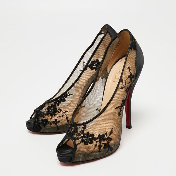 Christian Louboutin Black Lace and Satin Fetilo Peep-Toe Pumps Size 38 - Picture 2 of 4
